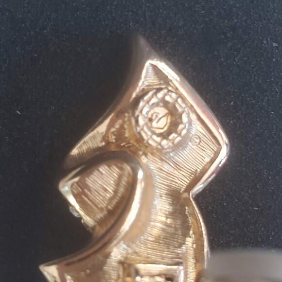 Swarovski Black Ribbon Crystal Clip-On Earrings Enamel Swan Signed Gold Plate - Picture 3 of 6